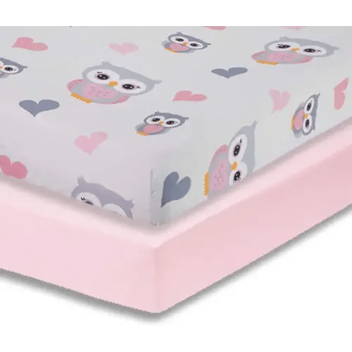 Everyday Kids 2 Pack Fitted Girls Crib Sheet, 100% Soft Breathable Microfiber Baby Sheet, Fits Standard Size Crib Mattress 28in x 52in, Nursery Sheet - Sweet Owls/Pink