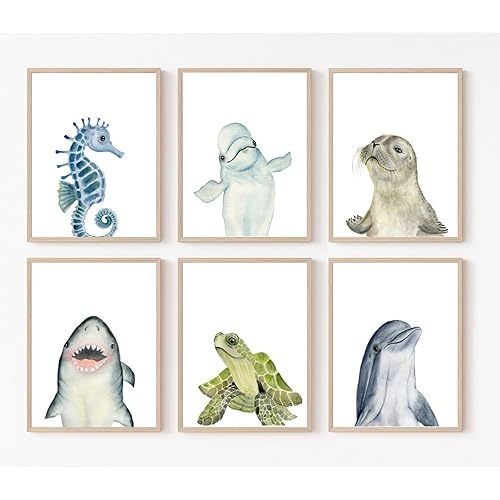 Wodkwq Nursery Wall Art Sea Animal Canvas Prints Baby Girl Boy Room Decor Watercolor Paintings Pictures Cute Ocean Theme Toddler Room Decoration Set of 6 for Kids Bedroom Bathroom 8x10in Unframed