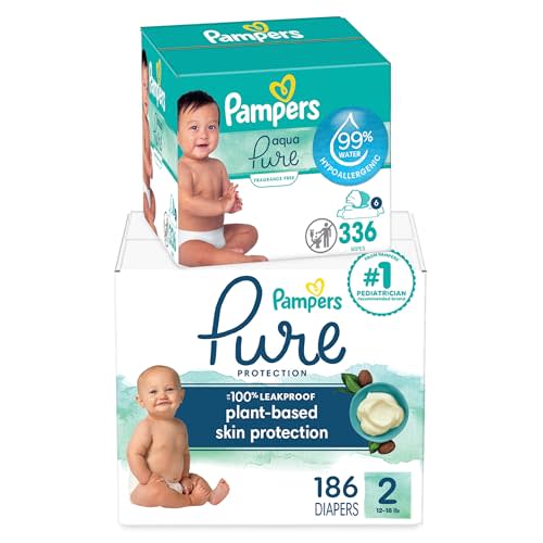 Pampers Pure Protection Disposable Baby Diapers Size 2, 186 Count with Aqua Pure Baby Wipes, 6X Pop-Top Packs (336 Count)