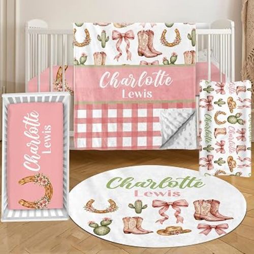 KAINSY Personalized Baby Crib Bedding Set, 4 Pcs Custom Name Nursery Bedding Set for Girls Boys, Western Cowgirl Baby Crib Set for Toddlers Infants, Double Layer Bedding Crib Sets Newborn Shower Gifts