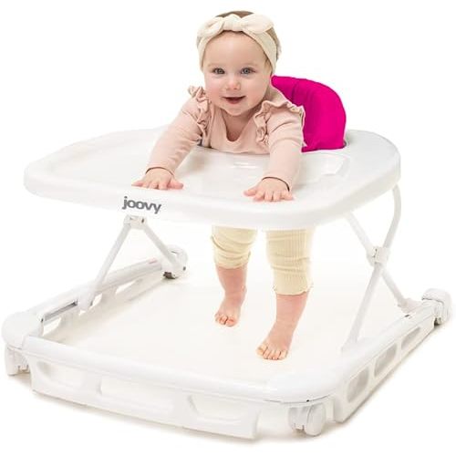 Joovy Spoon B Baby Walker & Activity Center Featuring Super-Sized Tray with Dishwasher-Safe Insert, Ultra-Wide Base, Three Adjustable Heights, and Rear-Wheel Parking Brake (Pink Crush)