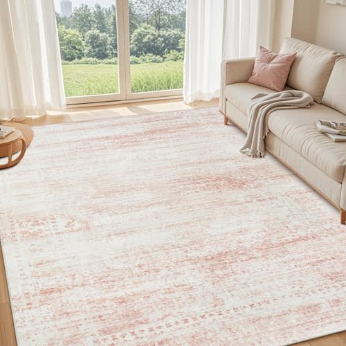 Srugn Washable Rugs 8x10 Area Rugs for Living Room,Rugs for Bedroom,Large Carpets,Ultra Soft Faux Wool Retro Dining Room Rug,Non Slip&Non-Shedding Low Pile Vintage Print Rug for Home Office-Pink White