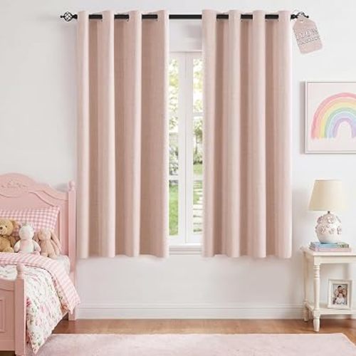 ChrisDowa Linen Pink Curtains for Girls Room 100% Blackout Curtain 63 Inch