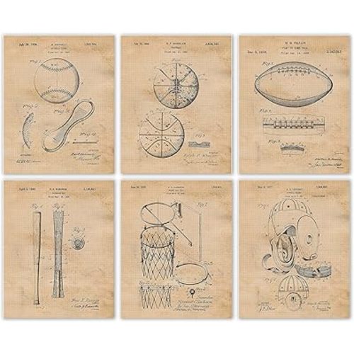 Classic Baseball Basketball Football Sports Patent Prints, 6 (8x10) Unframed Photos, Wall Art Decor for Home Work Office Man Cave Gears Garage Shop School Gym Student Teacher Team Coach
