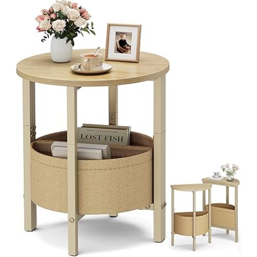 Vagusicc Small Round Side Table End Table, Tall Accent Table with Storage Basket, Set of 2 Half Round Tables Half Moon Tables, Coffee Bedside Tables, Modern Nightstand for Living Room Bedroom,Natural