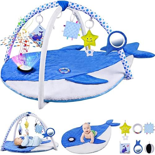 Baby Play Gym Mat w Projector, Tummy Time Mat w 6 Detachable Toys for Newborn, Oversize Whale Shaped Activity Mat for Baby 0-3 6 9 12 Months, Musical/Motor Skill Development Baby Essentials Gift