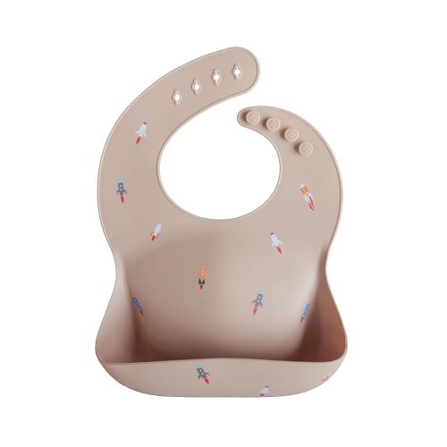 Mushie Silicone Baby Bib | Adjustable Fit Waterproof Bibs (Rocket Ship)