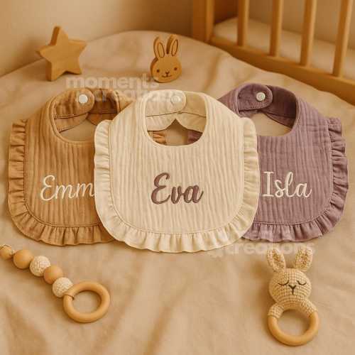 Personalized Name (Kaia) Embroidered Ruffle Baby Bib: Custom Cotton Bib