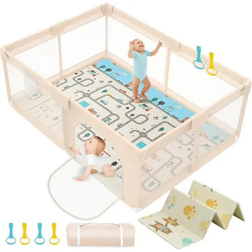 Playpen with Mat 71x59inch - Extra Large Baby Play Pen for Babies and Toddlers - Indoor and Outdoor Baby Playpen with Soft Breathable Mesh Cover - Sturdy Foam Babies Gate Playard (Apricot)