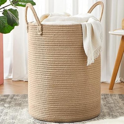 80L Extra Large Jute Woven Rope Laundry Basket Tall Hamper for Clothe Blanket Toy Organization in Living Room Luanry Room Bedroom Storage Basket for Baby Nursery Kids