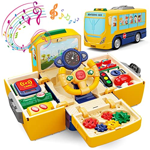 HONGTUO School Bus Toy with Sound and Light Simulation Steering Wheel Driving Toy Toddlers School Bus Toys with Music Education Knowledge Simulate school scenes Gift for 3-5 Boys & Girls