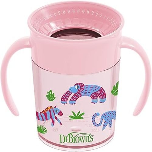 Dr. Brown's Milestones Cheers 360 Cup Spoutless Transition Cup with Handles for Easy Grip and Leak-Free Learning, Pink Safari, 7 oz/200 mL