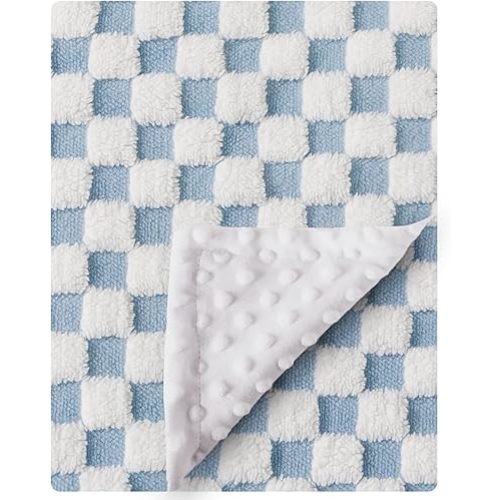 Soft Black and White Checkered Baby Blankets for Unisex Girls or Boys Breathable Gender Neutral Nursery Double Layer Blankets with Dotted Backing for Newborn Toddlers (Blue and White)