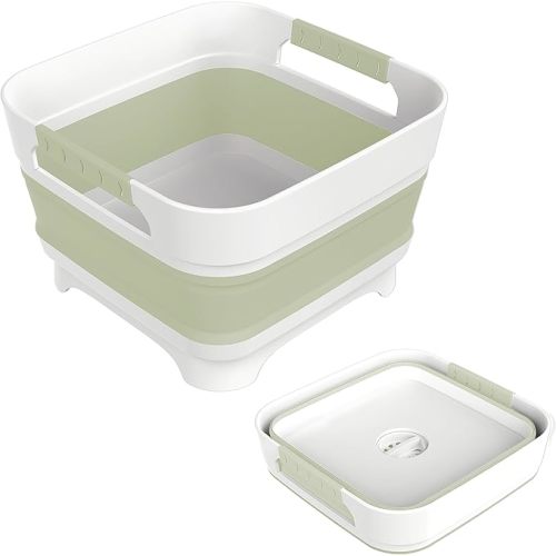 MontNorth 2.4 Gal Collapsbile Wash Basin with Drian Plug,9L Dish Pan for Soaking Baby Bottles,Portable Sink, Multiuse Foldable Bucket,Ice Beverage Tubs for Camping, Vegetable Washing, RV (Green)