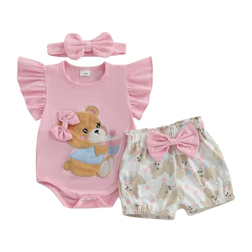 LOPJGH Newborn Baby Girl Summer Outfits Cute Bear Ruffle Sleeveless Romper Bodysuit Jumpsuit Tops Shorts Set 2Pcs Clothes