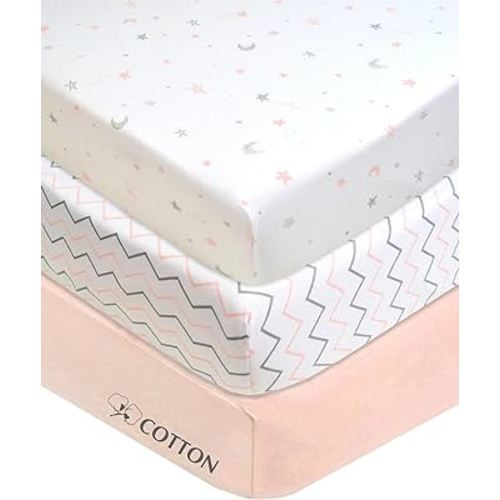 American Baby Company 3 Pack 100% Natural Cotton Fitted Mini Crib Sheets 38" x 24" - Soft & Breathable Small Nesting Portable Sheets, Fits Pack N Play Mattresses, Pink Star/Zigzag, for Boys & Girls