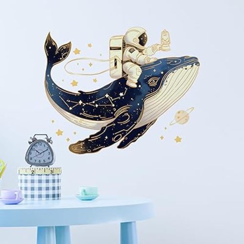 Astronaut and Whale Wall Stickers Space Star Nursery Wall Decals for Kid Boy Baby Removable Peel and Stick Wall Art Home Decor Decoration for Classroom Preschool Living Room Bedroom