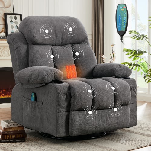 SYNGAR Oversized Recliner Chair, 360° Swivel Rocker Reclining Chair with Massage and Heat Function, USB, Cup Holders and Side Pockets, Living Room Single Sofa Seat Nursery Lounge Chair, Gray