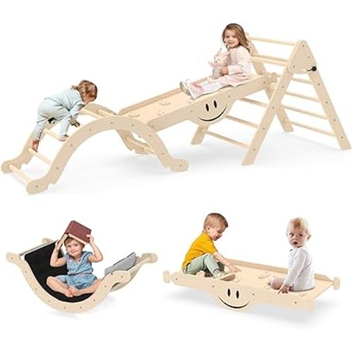 BIERUM 8 in 1 Montessori Pikler Triangle Set with Soft Cushion, Foldable Toddler Climbing Toys with Ramp for Sliding or Climbing, Wooden Jungle Gym, Indoor Playground for Toddlers and Kids, Natural