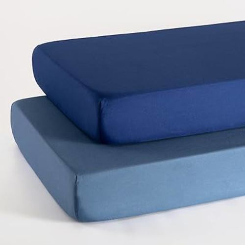 TILLYOU Baby Crib Sheets for Boys Girls, Fitted Crib Sheet 2 Pack for Standard Crib and Toddler Mattresses, Super Soft Toddler Bed Sheets, 28"x52"x8", Navy & Stone Blue