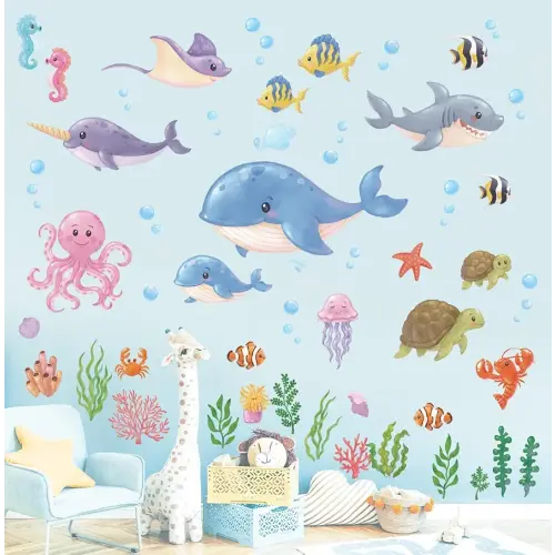 DECOWALL DS12-8081 Under The Sea Wall Stickers Ocean Fish Seaweed Decals Sea Turtle Jellyfish Removable for Kids Baby Bedroom Nursery Living Room Art Home décor Bathroom Decoration Beach Seagrass