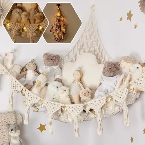 Macrame DreamLights Boho Stuffed Animal Storage Net Hammock Extra Large Plush Toy Storage Holder For Small Or Large Plushies Cream
