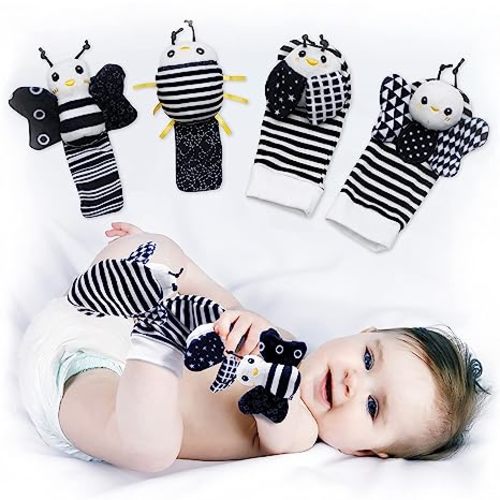 BABY K Foot Finder Socks & Wrist Rattles (Set E) - Newborn Toys for Baby Boy or Girl - Brain Development Infant Toys - Hand and Foot Rattles Suitable for 0-6, 6-12 Months Babies - Mother's Day Gift - Butterfly Bugs Set E
