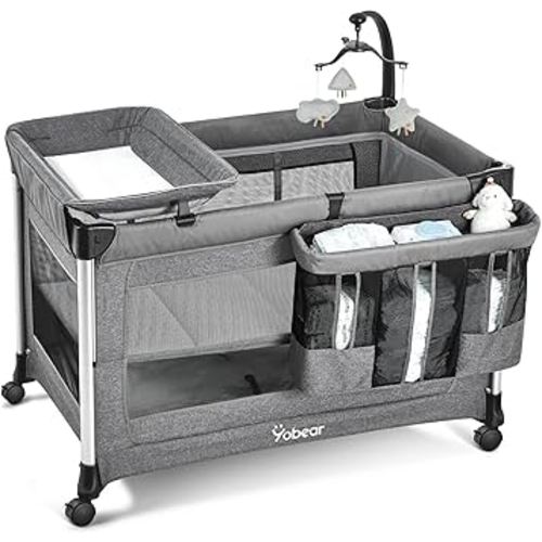 4-in-1 Baby Bassinet with Mattress - One-Push Setup Playard - Bedside Crib with Diaper Changer from Newborn to Toddler (Grey)