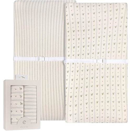 Ely’s & Co. Changing Pad Cover, Diaper Changing Table Sheets, 2 Pack, Cradle Sheet Set for Baby Boys, 100% Jersey Knit Cotton, Blue Linear Berry Leaf Collection, 32”x16”x5”