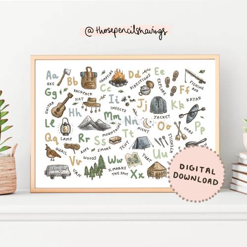 DIGITAL DOWNLOAD | Camping Alphabet Print | Illustrated A-Z Adventure Poster | ABC Kids Great Outdoors Nursery Decor | Baby Shower Gift