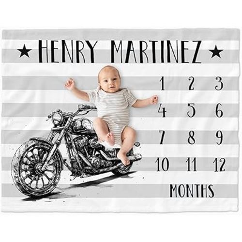 Personalized Motorcycle Baby Monthly Blanket Boy, Custom Bike Baby Blanket, Motorcycle Nursery Decor, Growth Chart Baby Blanket, Baby Blanket for Baby Boy, New Mom Gifts