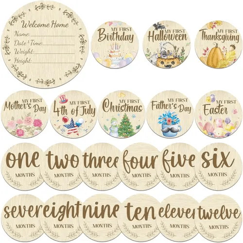 Threetols 11PCS Wooden Baby Monthly Milestone Cards Sign, Double Sided Newborn Photography Prop Pregnancy Journey Baby Growth Monthly Milestone Wood Discs Baby Shower Gifts
