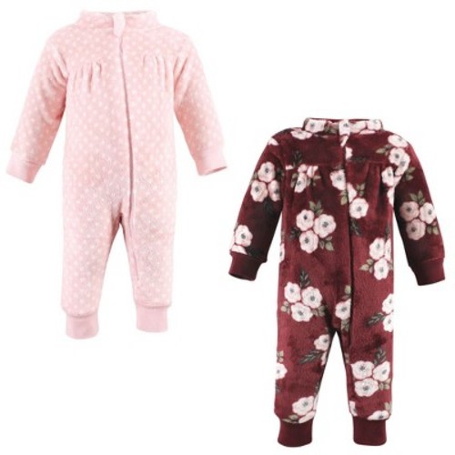 Hudson Baby Infant Girl Plush Jumpsuits, Burgundy Floral, 6-9 Months