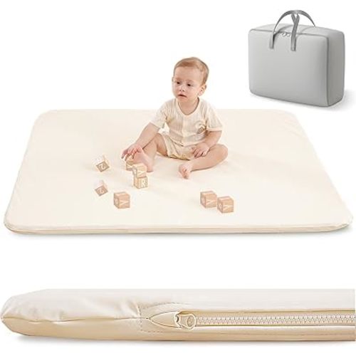 Padded Baby Play Mat for Your Boy or Girl - Extra Thick & Super Soft Vegan Leather Floor Mat Creates A Safe Play Area for Little Ones - Waterproof Crawling Mat for Baby Play on Floor (Beige)
