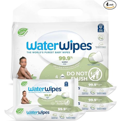 WaterWipes Plastic-Free Textured Clean, Toddler & Baby Wipes, 99.9% Water Based Wipes, Unscented & Hypoallergenic for Sensitive Skin, 240 Count (4 packs), Packaging May Vary - 240 Count (Pack of 4)