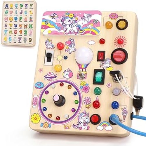 Unicorn Busy Board,Montessori Toys for 1-3 Years Old, Wooden Toddler Toys, Sensory Travel Toys, Ideal Gift for 1+ Year Old Girls (Unicorn Busy Board Plus V2)