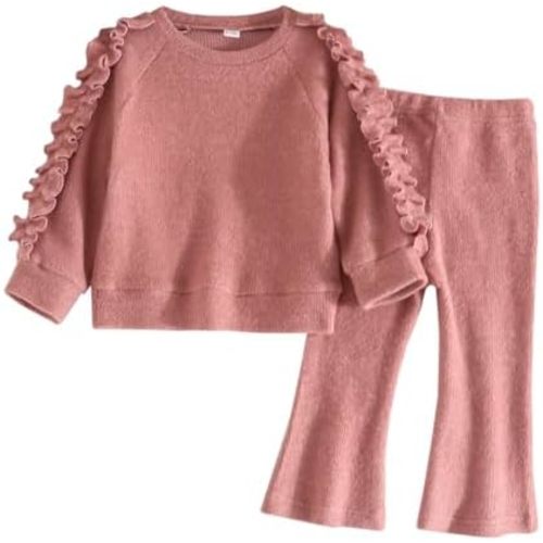 Toddler Baby Girl Clothes Solid Color Ruffle Sleeve Sweatshirt Flare Pants 2Pcs Set Fall Winter Outfits