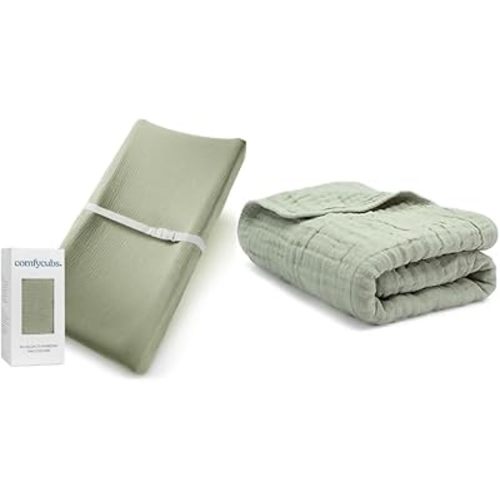Muslin Fitted Changing Pad Cover and Baby Muslin Blanket Bundled by Comfy Cubs