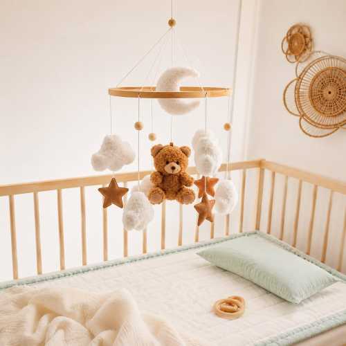 Baby Crib Mobile Wooden Music Box – Felt Bear Bed Bell Rattle Toy for Newborn Nursery Decor, Hanging Mobile with Bracket, Baby Shower Gift