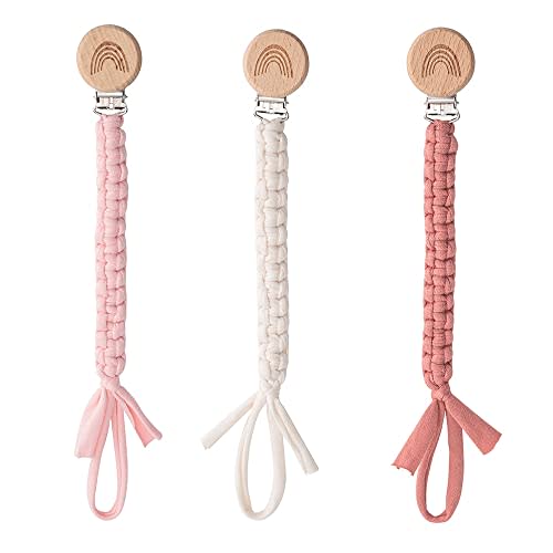 Symbolife Pacifier Clip for Boys Girls Pacifier Holder Leash Boho Rainbow Wooden Clips Handmade Braided Cotton Unisex Baby Shower Birthday Gift Christmas Gift