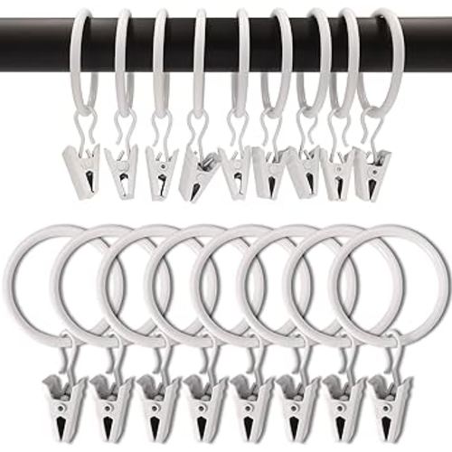 100 Pack White Curtain Rings with Clips, Curtain Hooks Hangers Clip Rings for Hanging Drapes Bows Hat, Drapery Rings 1.26 in I D, Fits up to 1 in Diameter Curtain Rod.