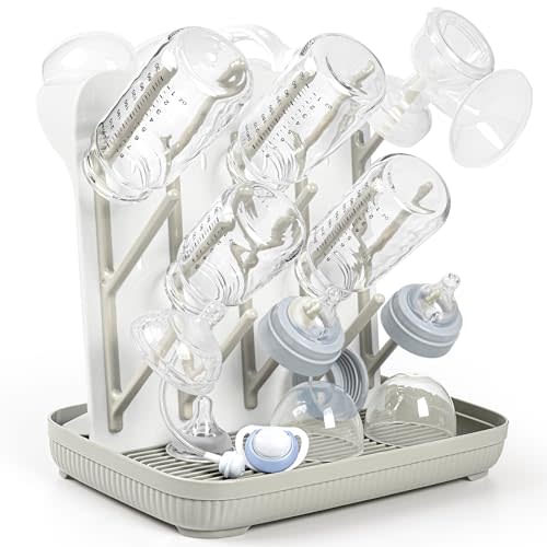 Termichy Baby Bottle Drying Rack: Large Vertical Bottle Dryer Rack Holder - Space Saving Standing Drying Rack for Baby Bottles and Pump Part Cleaning (Khaki)