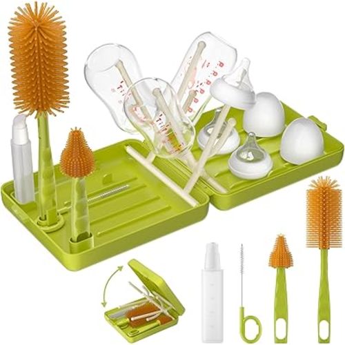 Baby Bottle Brush Set – 6-in-1 Travel & Home Bottle Cleaning Kit with Silicone Bottle Brush, Nipple & Straw Brush, Soap Dispenser, Foldable Drying Rack & Storage Case, BPA Free (Green)