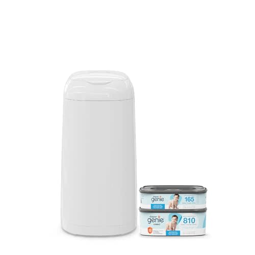 Diaper Genie Classic Pail & Jumbo Square Refill Bundle (975 ct) | Odor Control Diaper Trash Can with One-Handed Lid | Includes Starter Refill (165 ct) & Jumbo Refill (810 ct)