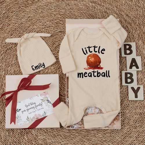Personalized Little Meatball Baby Bodysuit & Hat, Newborn