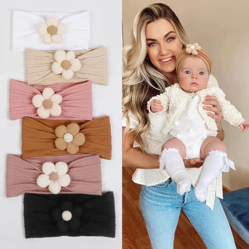 Huachi 6 Pcs Handmade Flower Baby Headbands Super Stretchy Soft Knot Headbands Nylon Toddler Hairband Accessories for Newborn and Toddler Kids