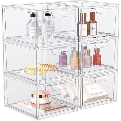 6 Pack Stackable Makeup Organizer and Storage, Acrylic Organizers，Clear Plastic Storage Drawer with Pull-Out Handles for Vanity, Undersink, Kitchen Cabinets, Pantry