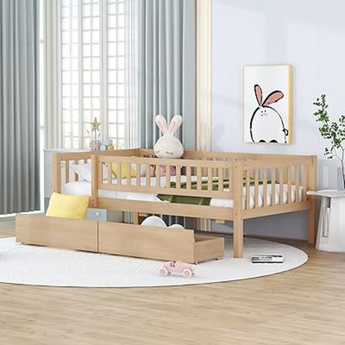 Twin Bed with Fence Railings and Storage Drawers, Wooden Montessori Kids Beds Frame with Slats Support, Dual-use Daybed for Bedroom and Living Room, Natural