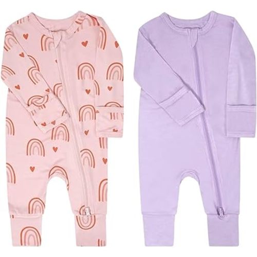 Teach Leanbh Baby Boys Girls 2 Pack Bamboo Viscose Pajamas with Mitten Cuffs 2 Way Zipper Long Sleeve Romper Sleep and Play