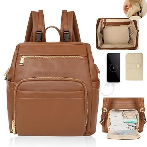 Omanmoli Diaper Bag Backpack Leather Large Baby Diaper Bag Essentials With 18 Organizing Pockets,6 Insulated Pockets,USB Charging Port,Stroller Straps,Changing Pad (Brown)